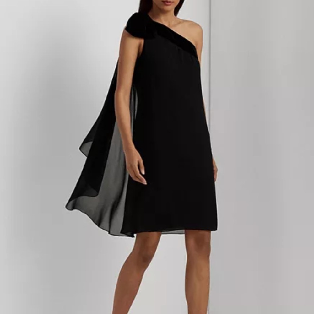 Lauren Ralph Lauren Sz 12 Mixed Media One-Shoulder Asymmetrical Midi Dress • NWT